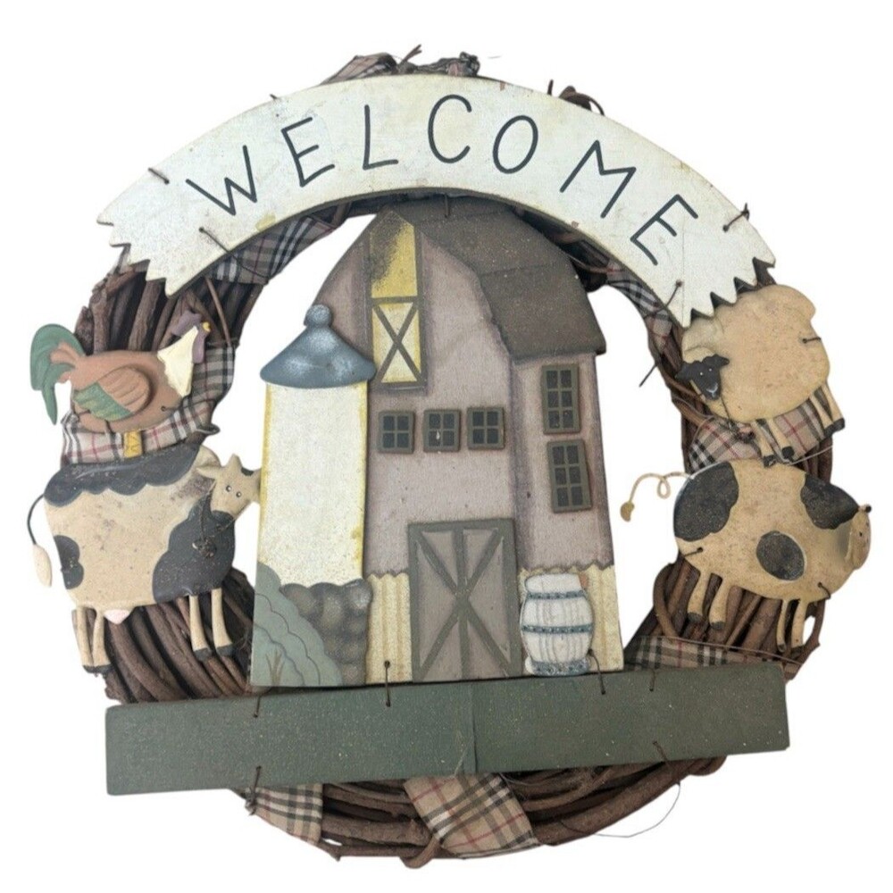 VTG Folk Art Farmhouse Wreath 14" Grapevine Barn Rustic FarmhouseDecor Country